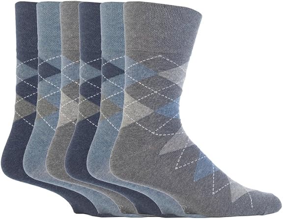 6 Pairs Sockshop Mens Gentle Grip cotton rich Socks 7-12 usa Blue Argyle MGG38
