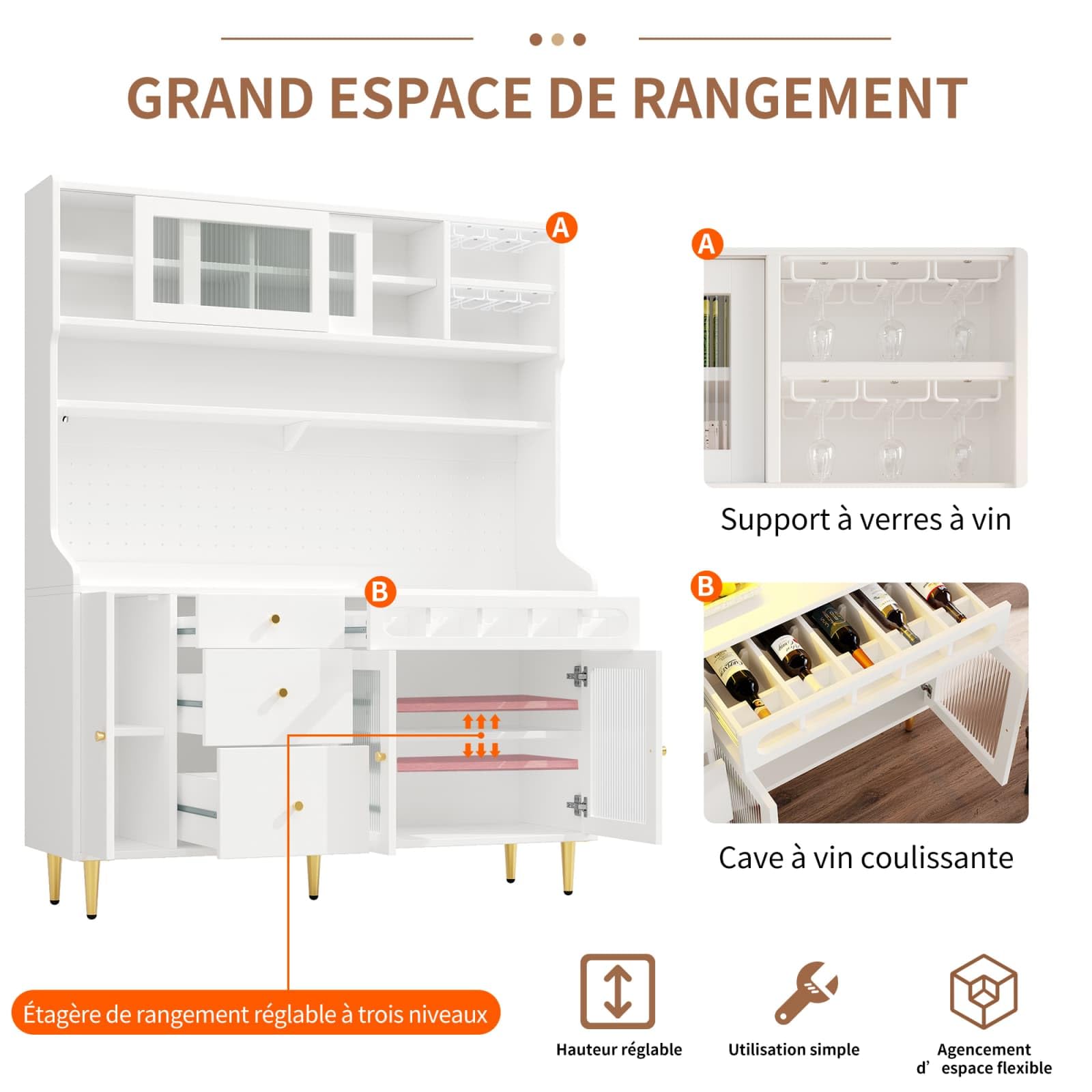 Buffet Salle a Manger,Buffet Haut de Cuisine,Armoire de Salon Moderne,Meuble de Rangemen avec étagères réglables et éclairage LED,Tiroir avec casier à Bouteilles,145x39x171cm (Blanc-A)