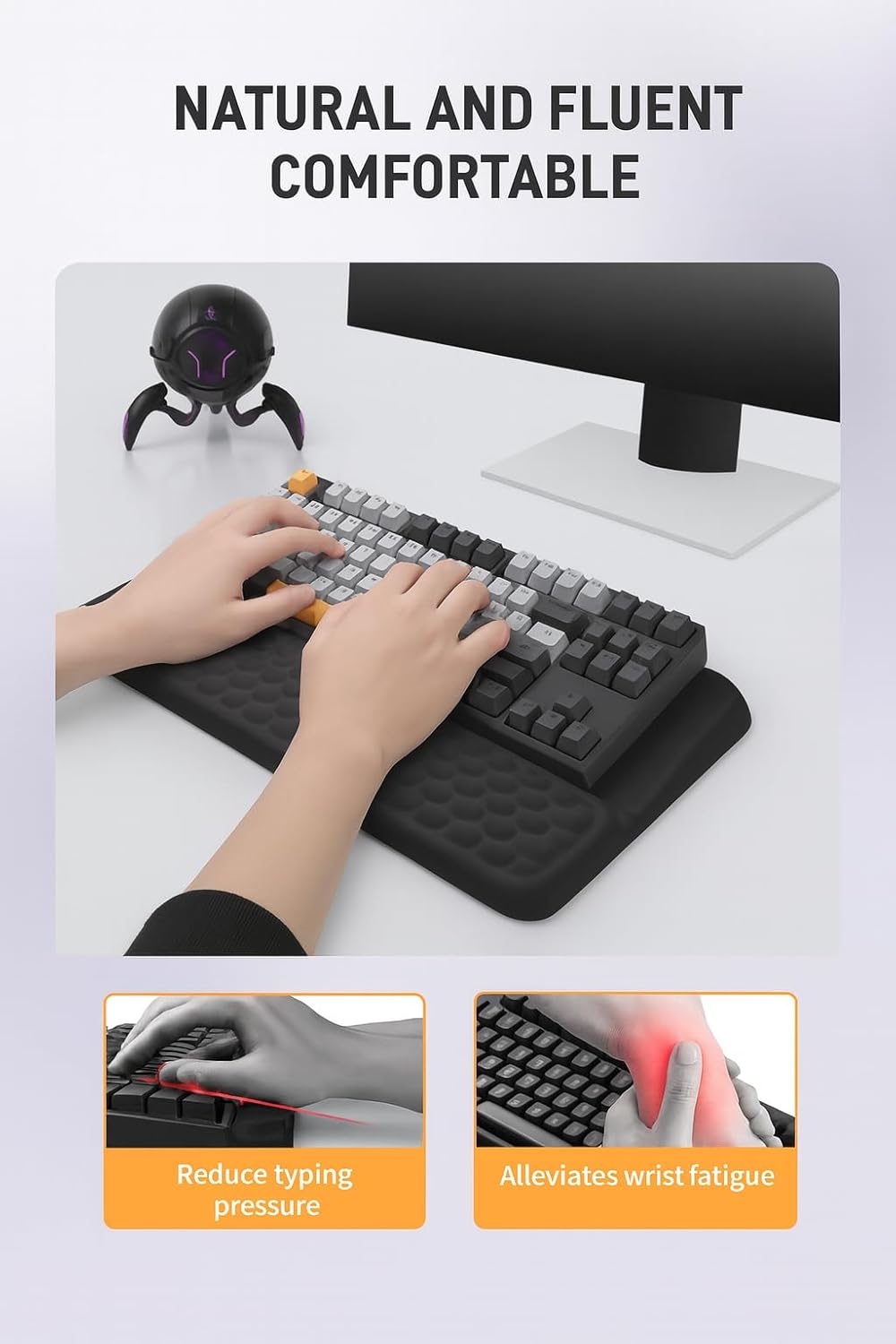RAPIQUE Ergonomic Keyboard Wrist Rest Pad, Computer Keyboard Stand for Full Size & Wireless Keyboards, Typing Angle Wrist Relief Tray, Portable Holder for Office and Home Desk Use - Black