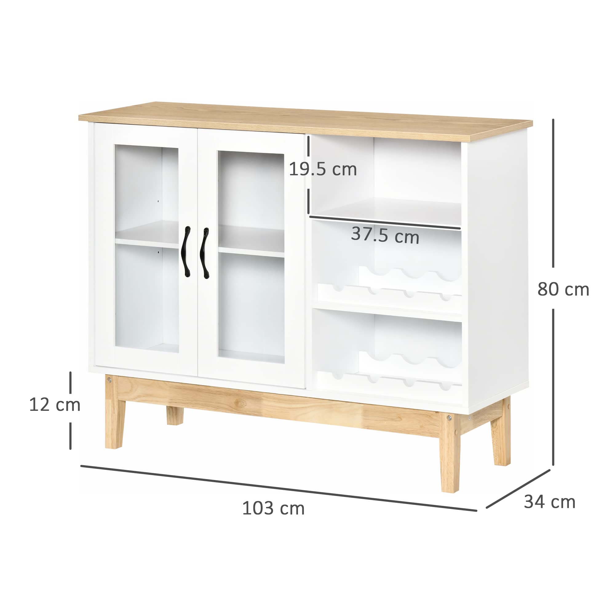 HOMCOM Credenza Moderna con Armadietto, 3 Ripiani Laterali in Legno Massiccio con Cantinetta Portabottiglie, Salvaspazio, 103x34x80cm Bianco