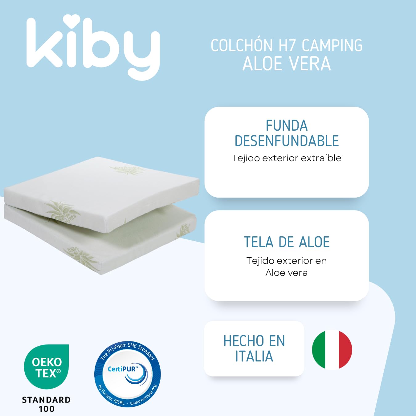 Kiby® Colchón Cuna de Viaje 120 x 60 cm Altura 7 cm (Certificado Oeko-Tex® & CERTIPUR™) con Aloe Vera, Plegable