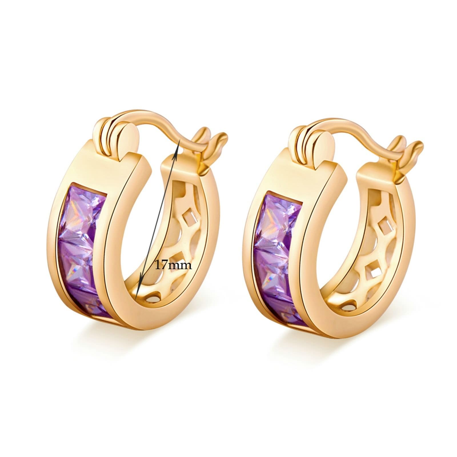 AMDXD Pendientes de mujer de oro 585, clásicos pendientes de aro con amatista lila, corte cuadrado, oro amarillo de 14 quilates, pendientes para mujer, pequeños y auténticos