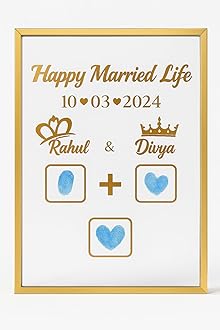 Personalized Wedding Gift Frame – Custom Names, Date & Fingerprint Design | Golden Metal Accent Anniversary Keepsake for Couples, Newlyweds & Special Occasions