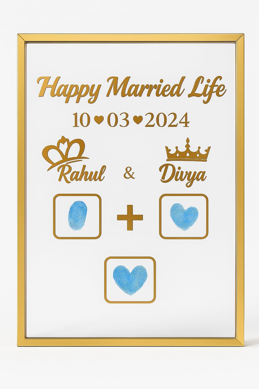 Personalized Wedding Gift Frame – Custom Names, Date & Fingerprint Design | Golden Metal Accent Anniversary Keepsake for Couples, Newlyweds & Special Occasions
