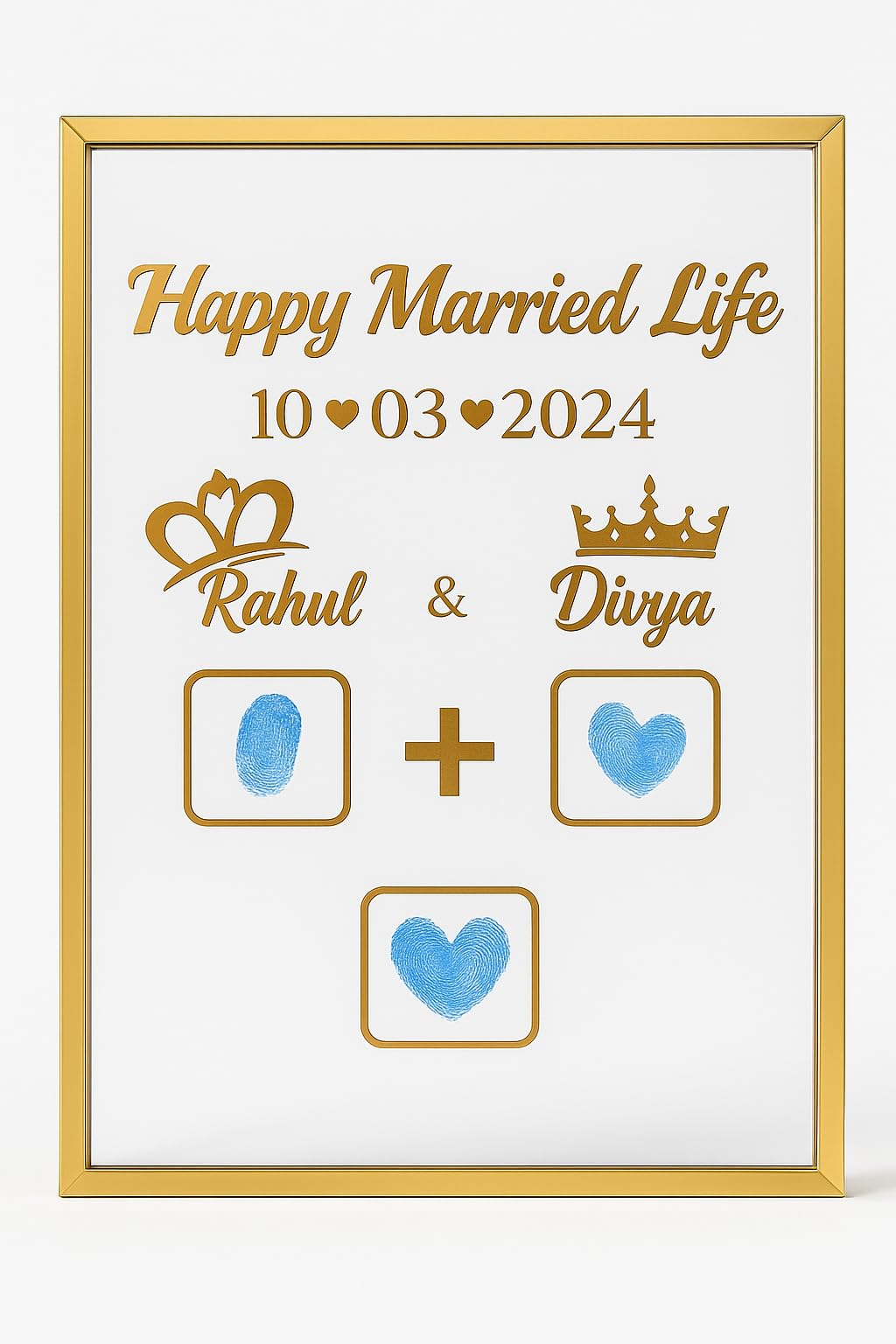 Personalized Wedding Gift Frame – Custom Names, Date & Fingerprint Design | Golden Metal Accent Anniversary Keepsake for Couples, Newlyweds & Special Occasions