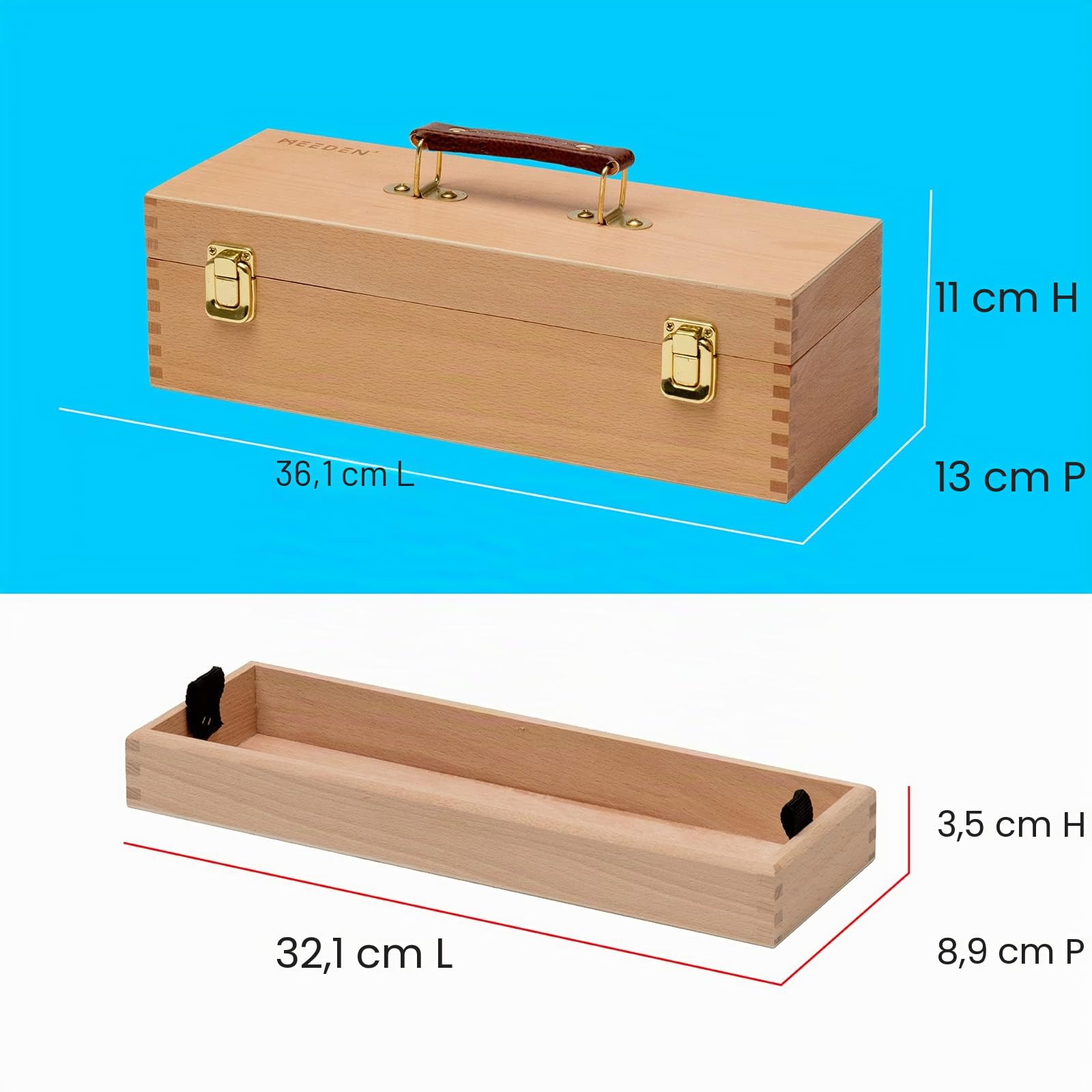 MEEDEN Boîte de rangement pour artiste en bois polyvalent en hêtre mass, boîte à outils d’art avec plateau amovible pour pinceaux, crayons, craies et autres fournitures d’art, 36,6 x 13,5 x 12,7 cm