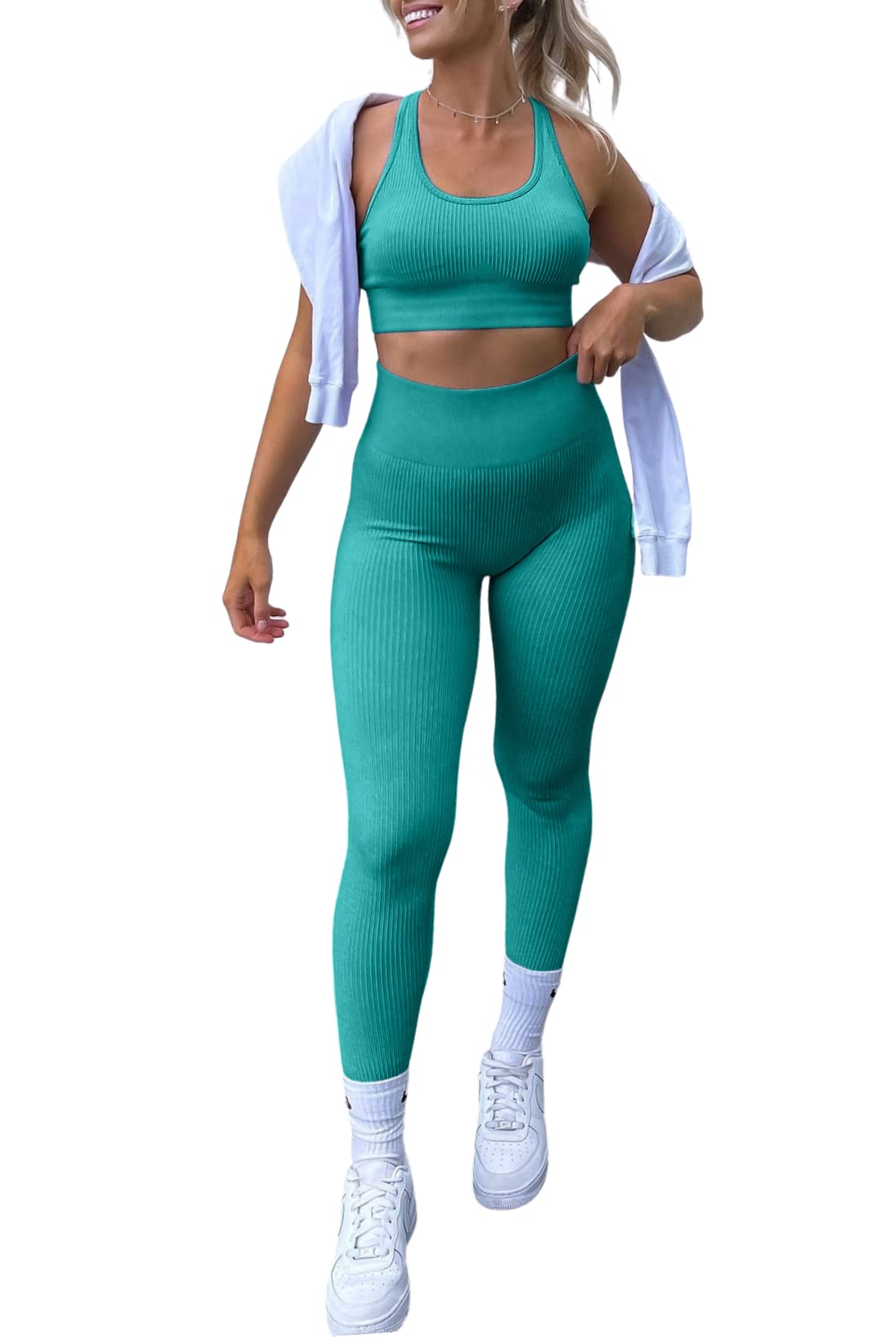 Workout Sets for Women 2 Piece Ribbed Sports Bra High Waisted Tummy Control Seamless Leggings