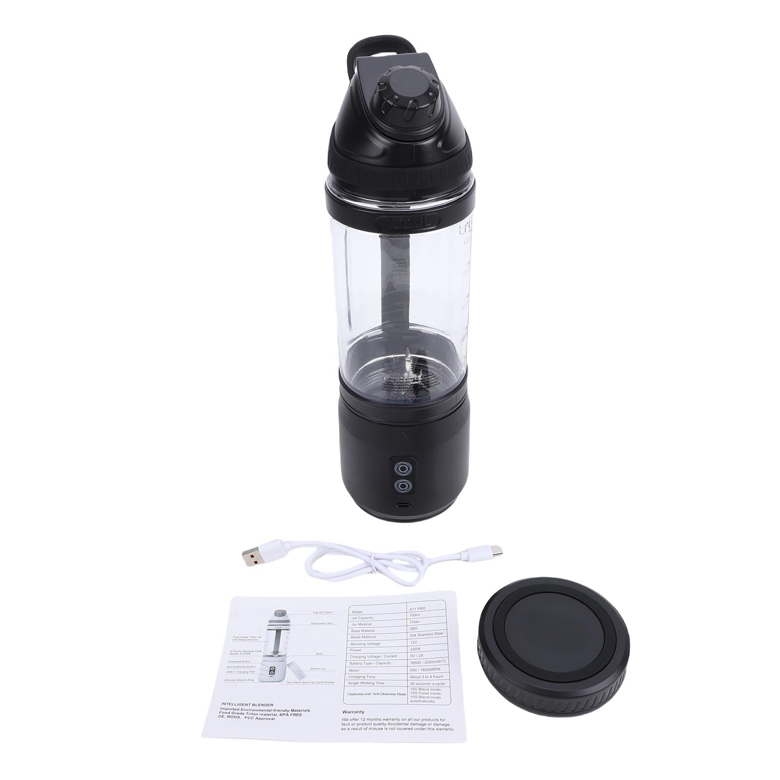 Buachois Frullatore Portatile Ricaricabile USB C, Bicchiere Frullatore 24oz Senza Fili per Frullati Smoothies, Viaggio Palestra Casa Escursionismo (700ml)