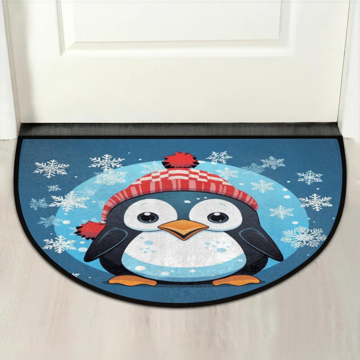Winter Cute Penguin Half Round Door Mat - Non-Slip Washable Half Circle Area Rug, Durable Half Moon Rugs for Outdoor and Indoor Home Entrance, Bedroom, Living Room Semi Circle Doormat 36 * 24in