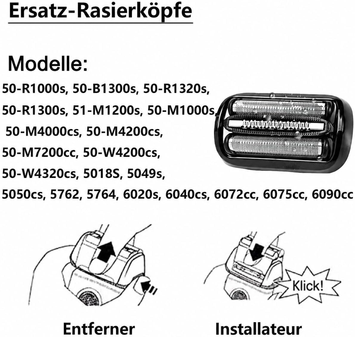 2er-Pack 53B Scherkopf Kompatibel mit Braun Series 5, Scherkopf für Braun S5 S6 Rasierer Easy Clean, 53B Scherblatt Ersatzscherkopf für Series 5 Rasierer Zubehör (Schwarz)