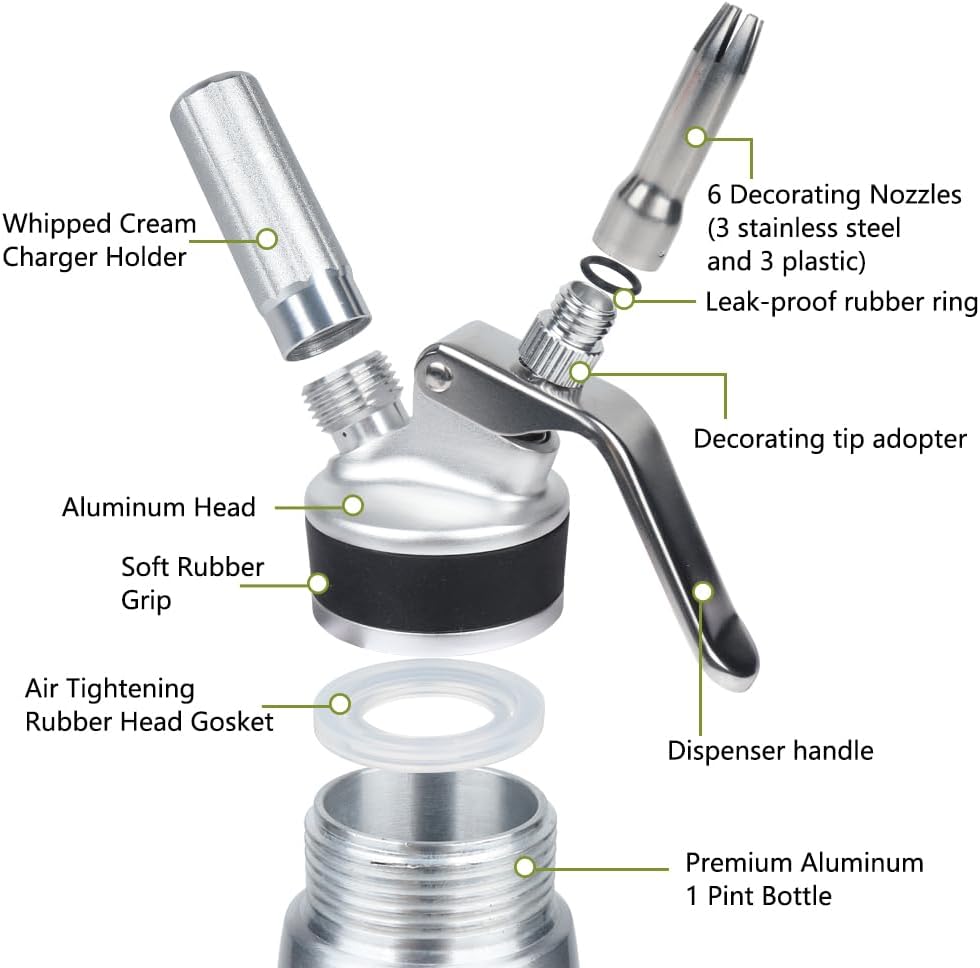 Whipped Cream Dispenser,500ml Whipped Cream Canister with Sturdy Aluminum Body and Head,Whipped Cream Maker with 6 Decorating Nozzles,Use Standard 8 Gram N2O Chargers (Not Included)