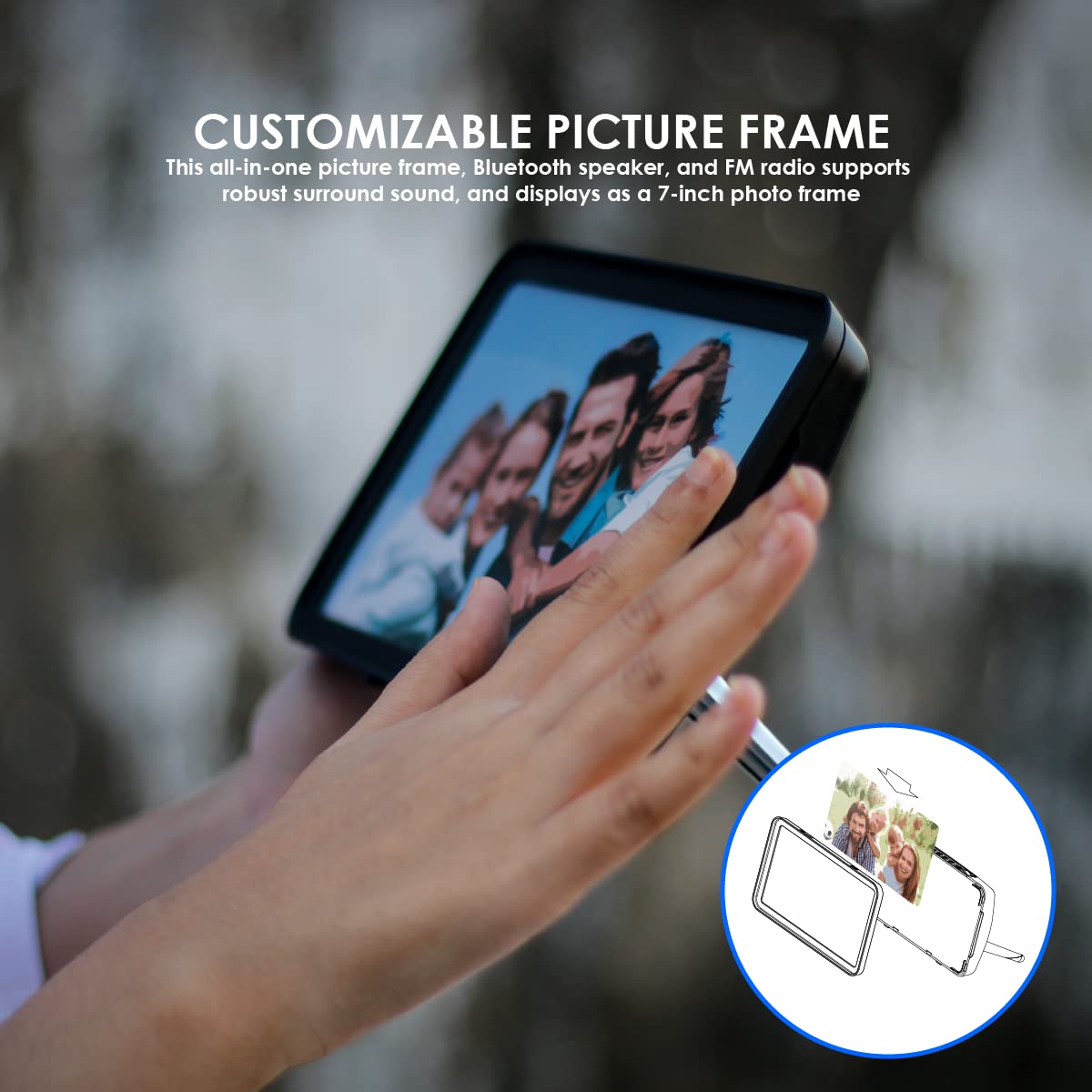 Trenbader Bravo Gallery - Marco de fotos Bluetooth para altavoz Bluetooth, radio FM para estante de escritorio de oficina en casa, marco de fotos personalizado de 7 pulgadas, caja de sonido de audio para personalizar la pantalla, color negro 3