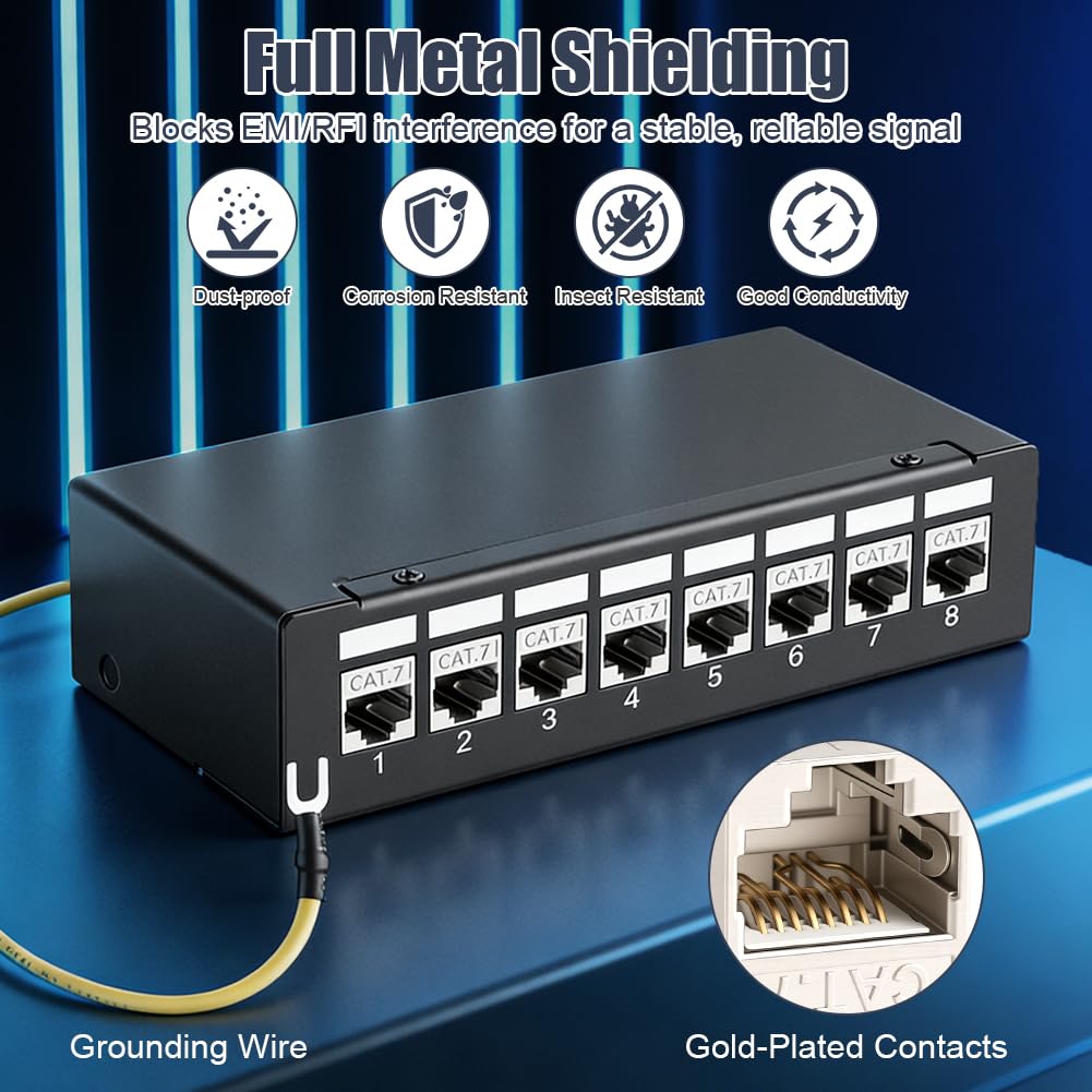 AXFEE Panneau De Brassage Kit 8 Ports, Panneau De Brassage RJ45 CAT 7 avec 8xRJ45 Modules Keystone Jack, 10 Gbit/s panneaux de brassage muraux Compatible avec Câble de Pose CAT6 CAT6a CAT7 LAN Réseau