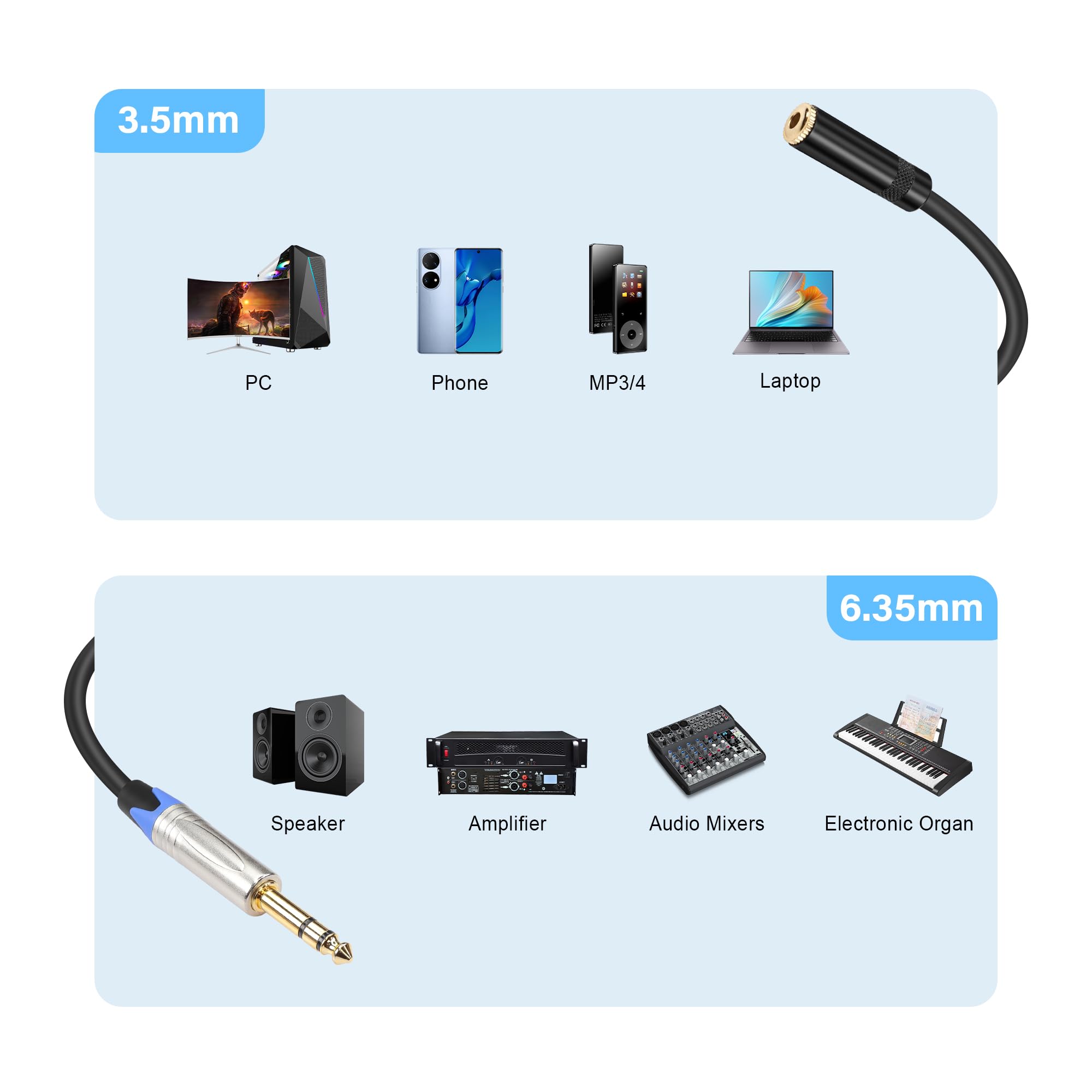 PNGKNYOCN Câble 1/8 à 1/4 Mono,3.5mm 1/8" TS Mono Mâle Vers 6.35mm 1/4" Mono Mâle Câble Audio Pour Amplificateur, Ordinateur Portable, Guitare(3M/9.8FT