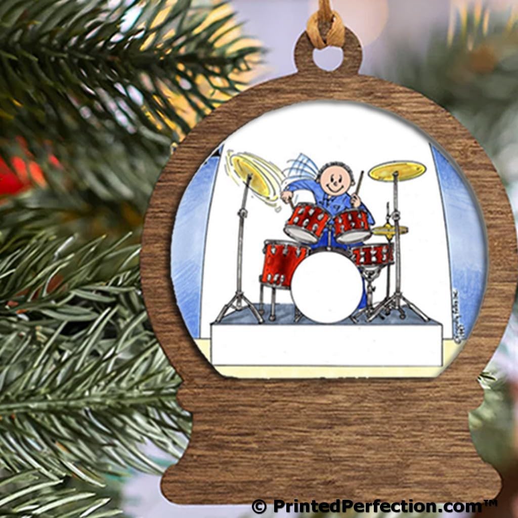 PrintedPerfection.com Personalized Drummer - Male Wooden Snow Globe Shaped Christmas Ornament