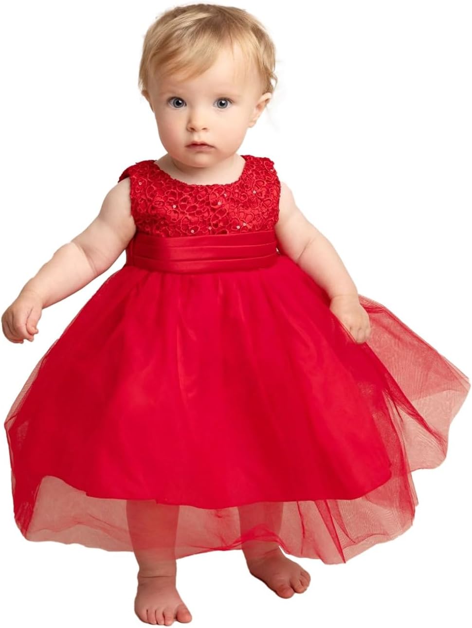 Baby Girls Christening Dress with Floral Lace Bodice and Tulle Skirt - Special Occasion Outfit