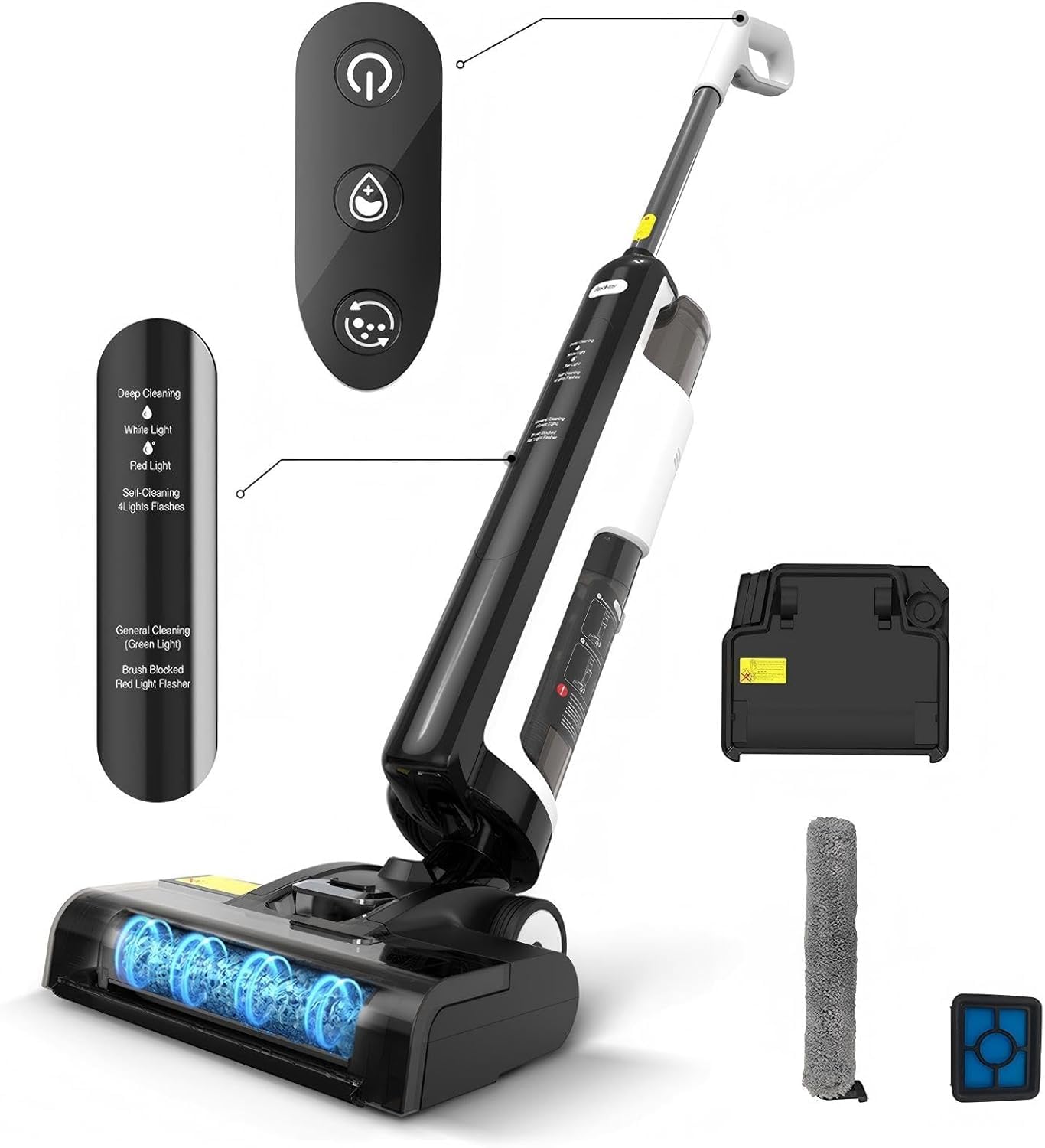 Vozascly W12SE Aspirapolvere Lavapavimenti Senza Filo, 12.000 Pa di Potenza, Design Anti-Groviglio, Disinfezione Elettrolitica, 45 Min di Autonomia, Serbatoio Doppio da 1,15L
