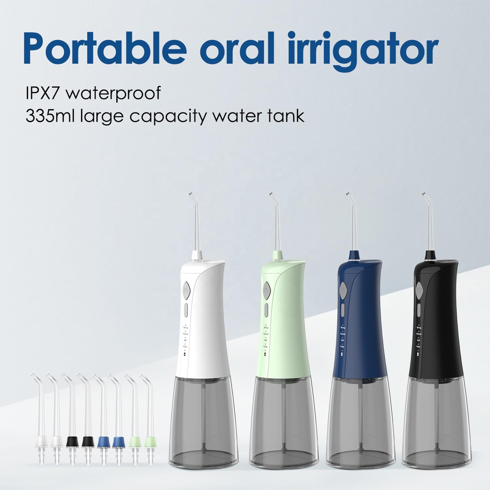 Idropulsore, irrigatore orale portatile senza fili, 335 ml, IPX7, impermeabile, ricaricabile, 4 modalità, 2 punte a getto sostituibili, pulizia del filo interdentale, blu