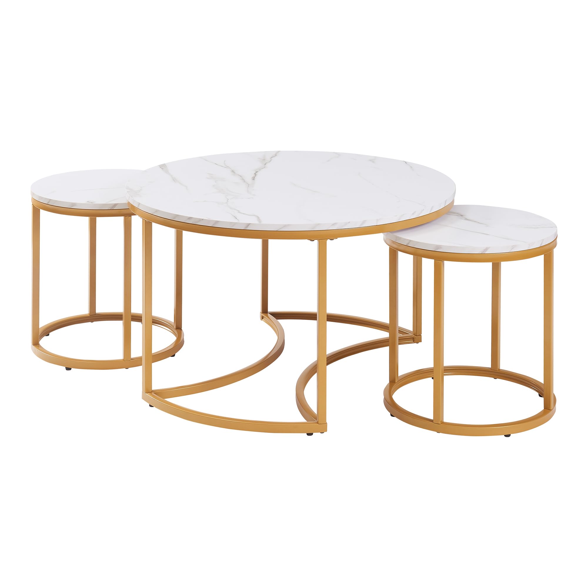 [en.casa] Set di 3 Tavolini Sovrapponbili Tavoli Bassi da Salotto con Piano Rotondo Tavolini da Caffè in Misure Diverse Base Circolare e Semicircolare in Metallo - Effetto Marmo Bianco/Oro