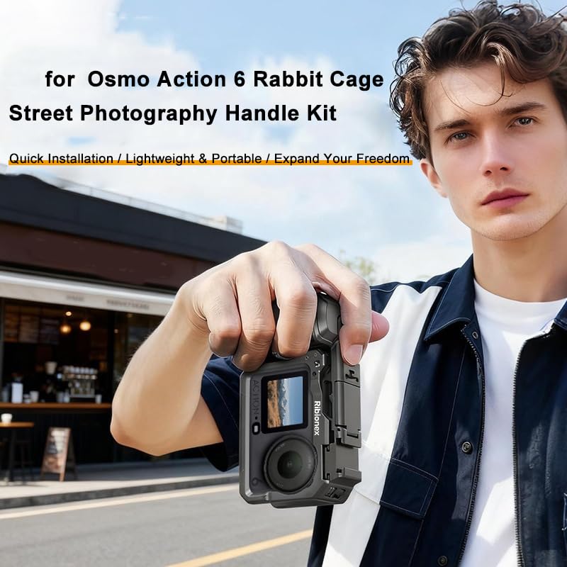 Street Grip Combo para DJI Osmo Action 6, soporte para vlog con jaula de conejo y mango de metal, sistema magnético de liberación rápida con soporte de zapata fría para accesorios de cámara (serie