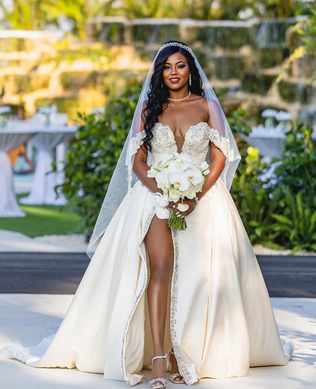 Xyiveaf Off Shoulder Long Wedding Dresses 2026 Crystals Beading White V-Neck Bridal Dress Satin Bride Wedding Gown with Slit - Image 2