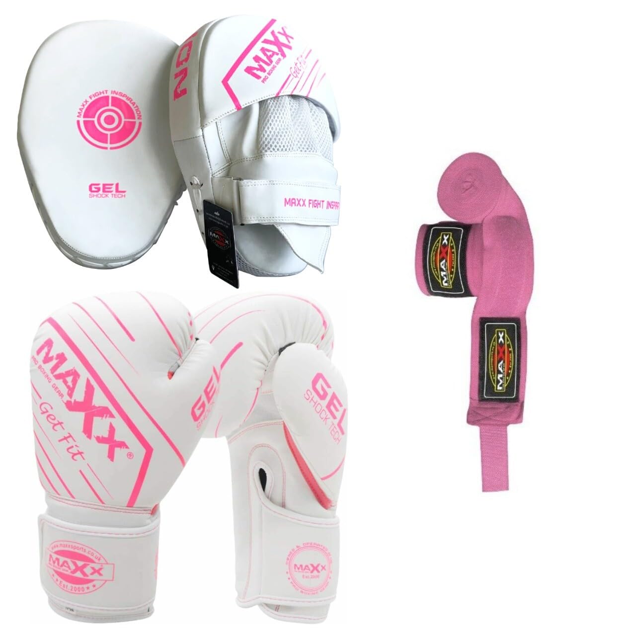Maxx Vanta Pink Boxing Pads + Gloves Set Free Wraps MMA Focus Mitts Hook & Jab Punching Pad boxing gloves (14oz)