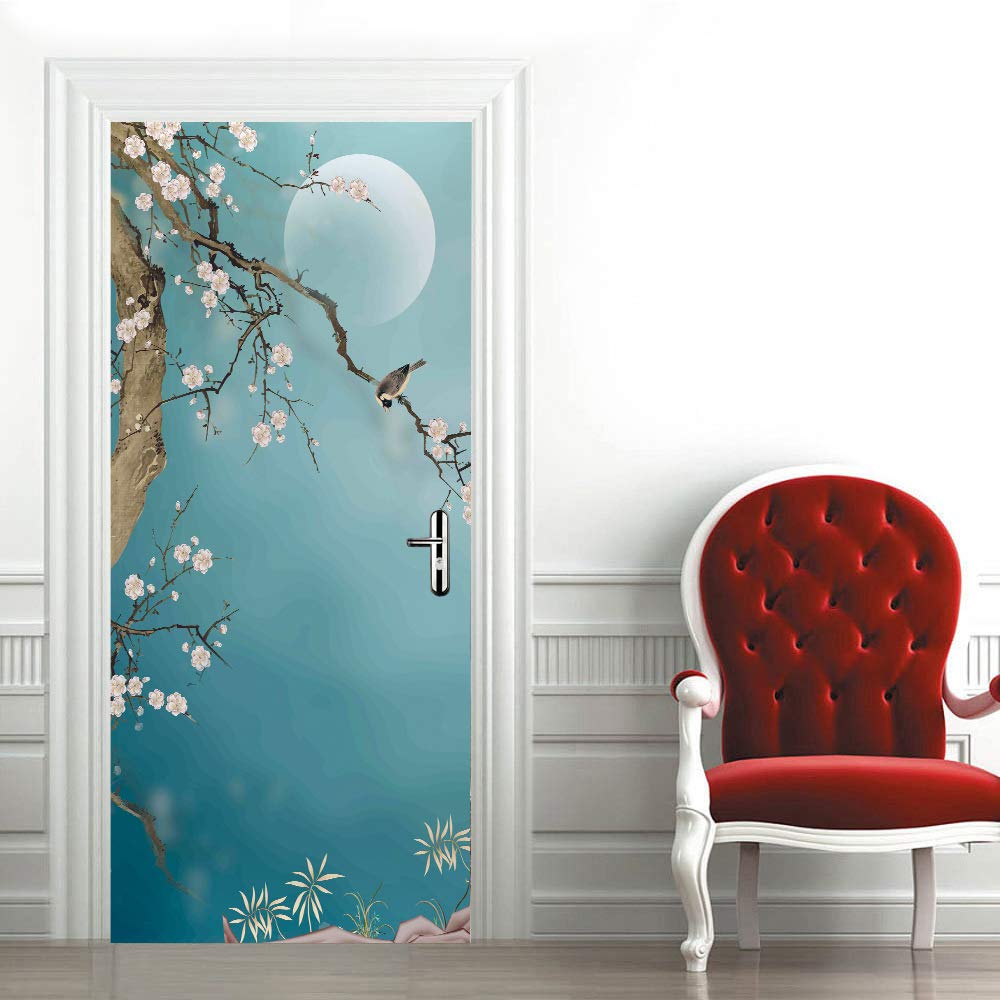 3d Stickers Porte Scène lunaire avec des fleurs de prunier Auto-AdhéSive Murale DéCoration De La Maison Stickers Muraux Chambre Salon Amovible Affiche Art Autocollants L100 x H200cm