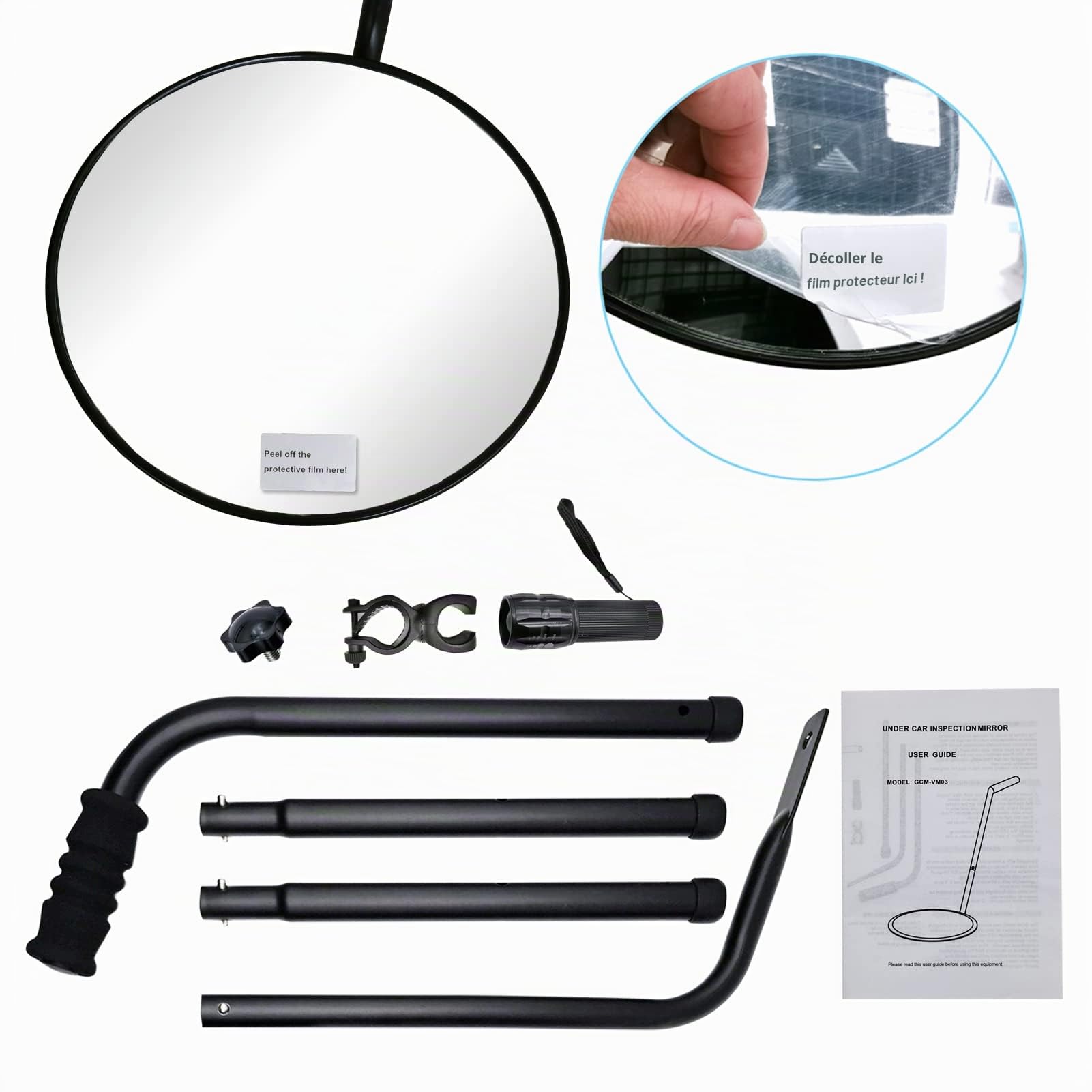 Miroir d'inspection sous véhicule – Miroir convexe de 30,5 cm avec roues et lumière LED pour contrôle de sécurité sous les voitures, camions et équipements.
