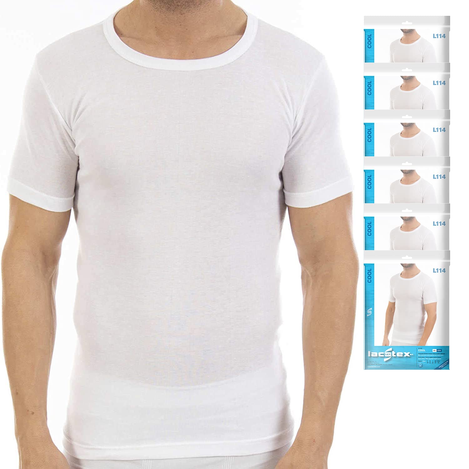Pack Ahorro de 6 Unidades. Camiseta Interior Fina de Hombre L114, de Manga Corta y Cuello Redondo.
