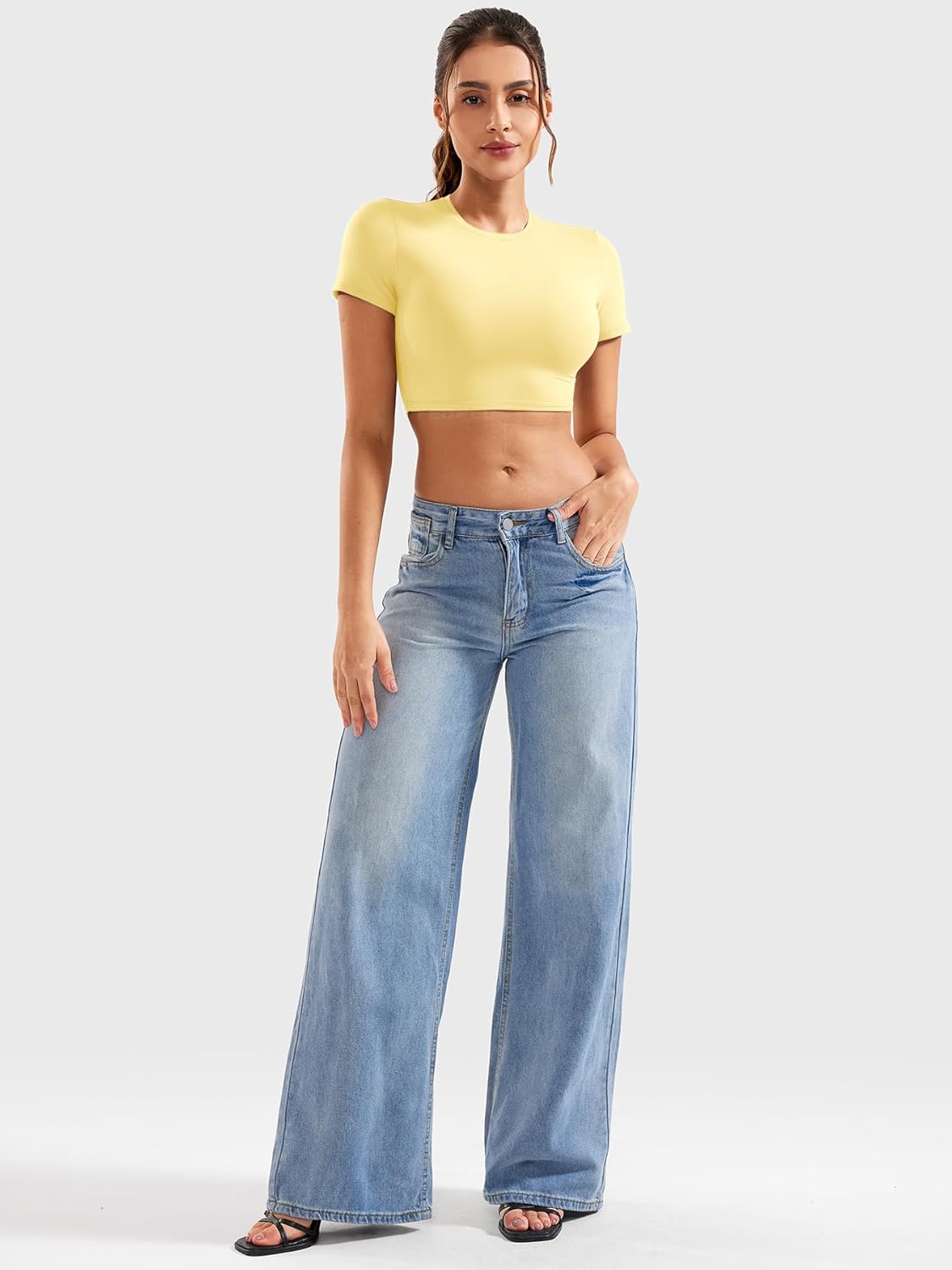 YEOREO Short Sleeve T Shirt for Women Double Lined Crop Top Crew Neck Workout Tee Colin Slim Fit Summer Basic Going Out Top - Image 4