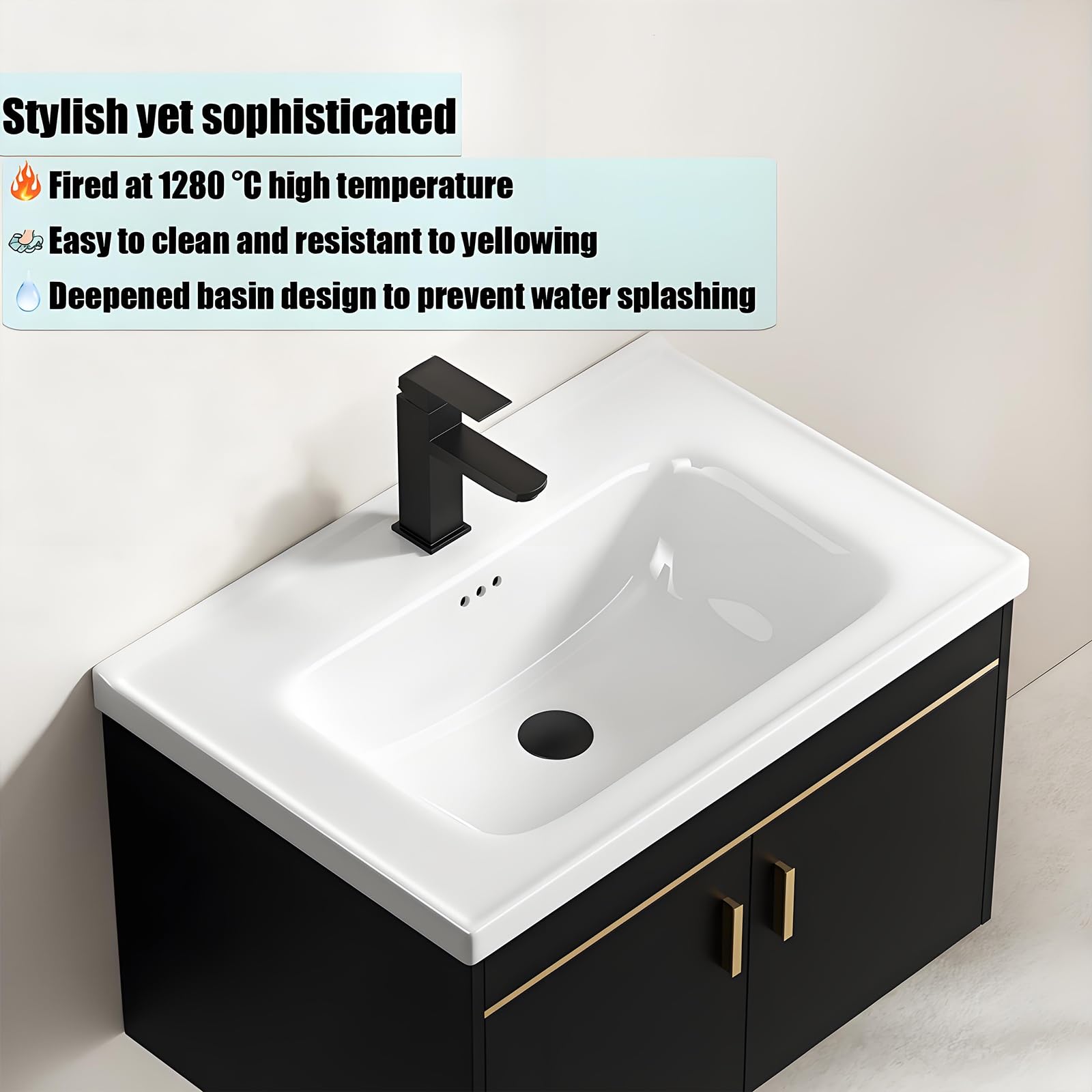 Mueble de Baño Suspendido con Lavabo Cerámico sobre Encimera con Armario con Espejo,Mueble Bajo Lavabo Conjunto de Muebles de baño (Negro, 50 * 36CM+45 * 60CM)
