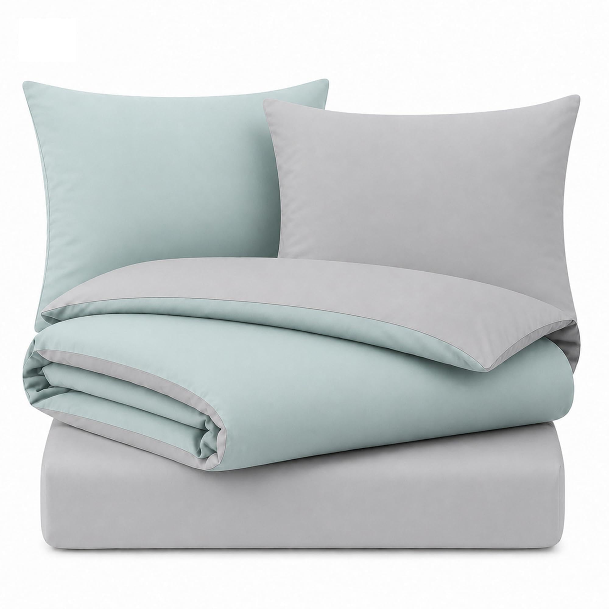 K&A Reversible Duvet Cover Set, Duck Egg & Silver, Single Brushed Microfibre Bedding Set with Fitted Sheet and Pillowcases, 135 x 200 cm, Soft Easy Care Machine Washable