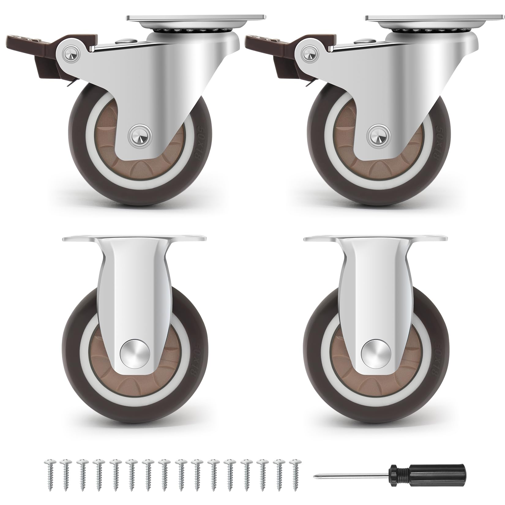 Humagineer Caster Wheels 2 Inch - 2 Fixed & 2 Swivel with Brakes Casters Set of 4, Silent Rubber Casters Non Marking Castor Wheels for Furniture,