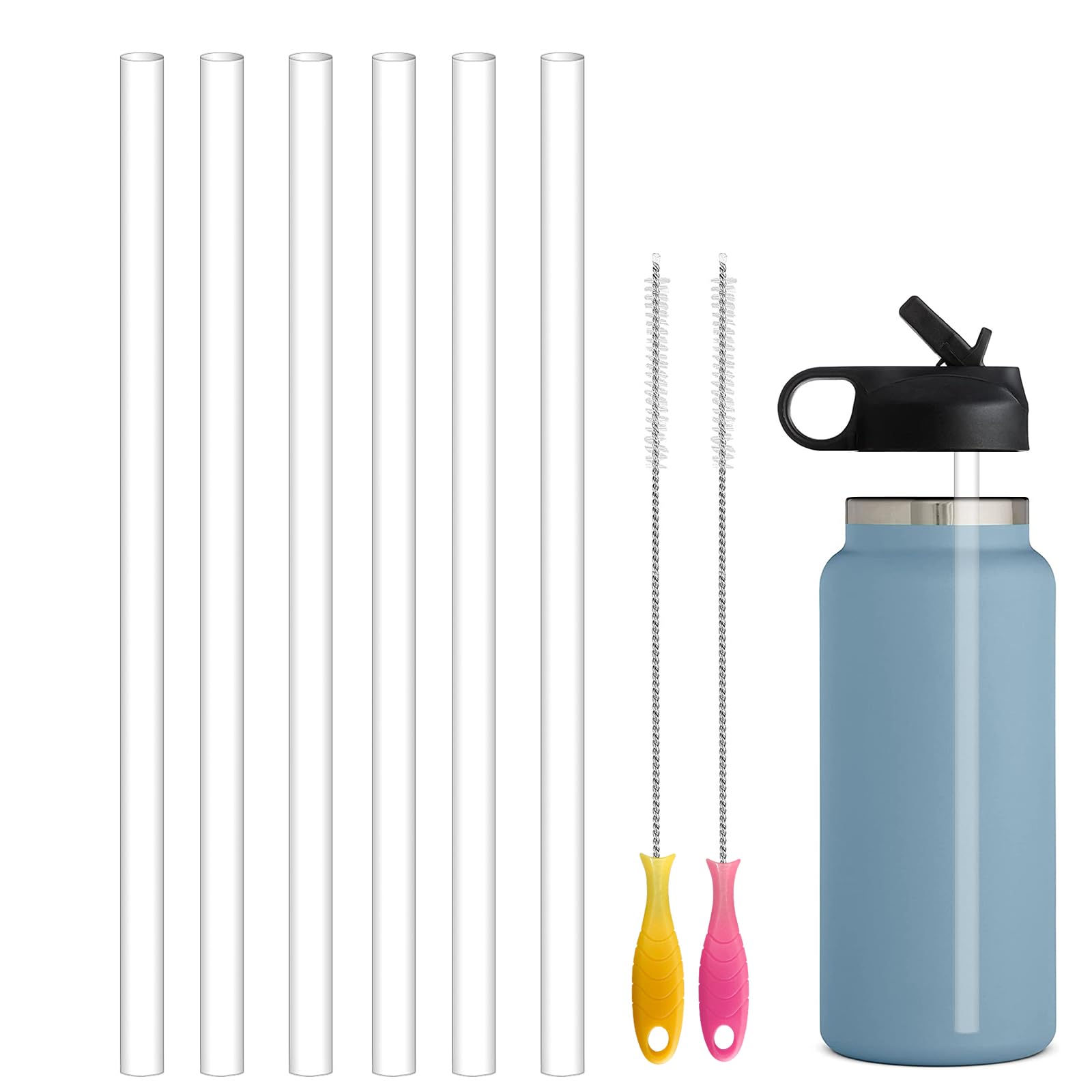 Replacement Plastic Straws Reusable Drinking Starws Compatible with Hydro Flask Water Bottle 18-64oz and Other Brands with 2 Colorful Straw Brushes, Non Toxic Clear Straws