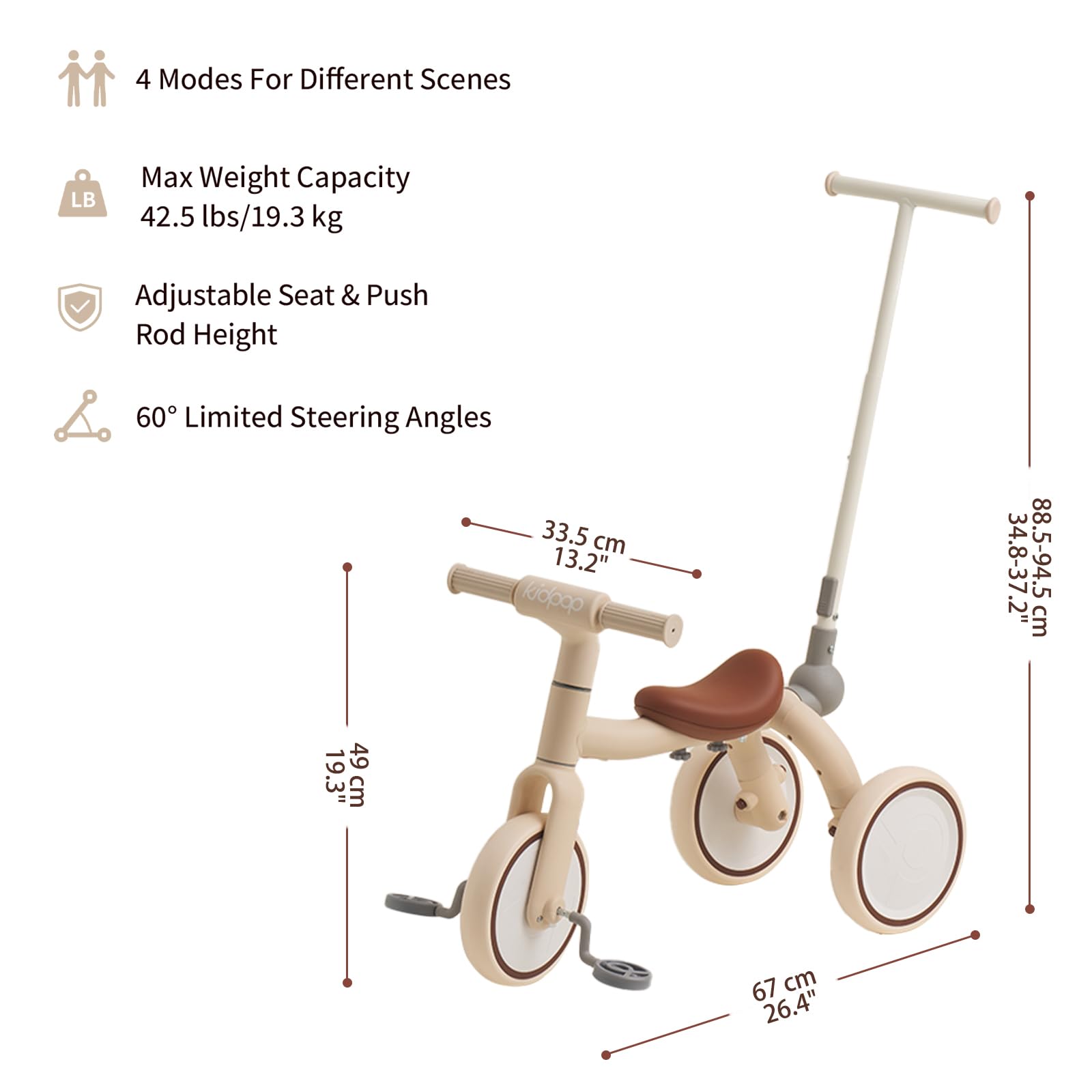 Kidpop Pony 4-in-1 Kids' Tricycles Pedal Vehicles for 1-4 Push Slide Ride On Toy Balance Bike Baby Walker Stroller (Beige)