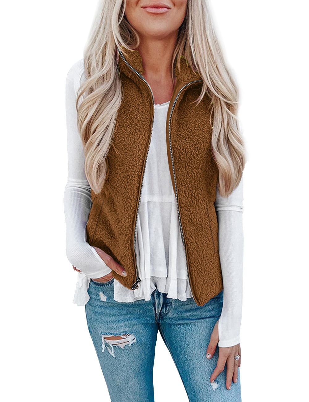 Rapbin Teddy Fleece Weste Damen,Herbst Winter Warm Ärmellos Westen Pelzjacke & Leicht Casual Einfarbig Damenweste Herbstmantel