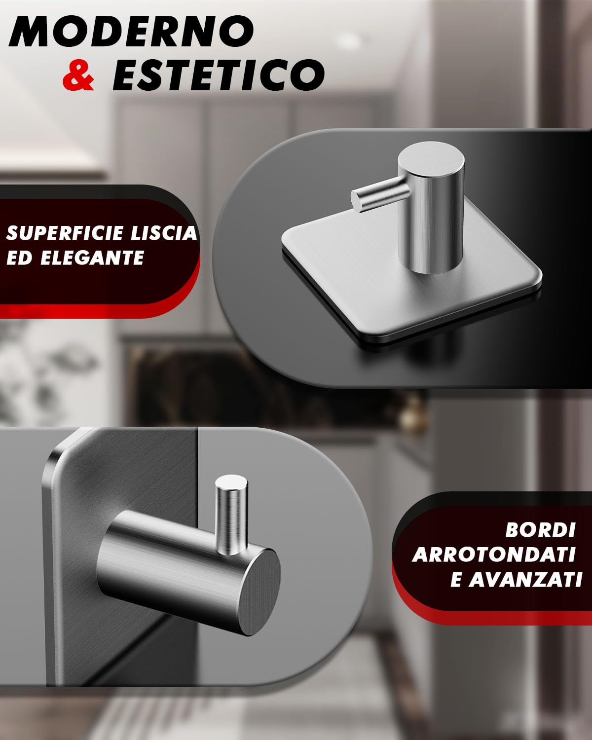 Auxmir Ganci Adesivi-6 pz Appendi Accappatoio Bagno in Acciaio Inox, Forte, Impermeabile, Antiruggine, Autoadesivo, Rimovibile senza Tracce, Salvaspazio, Porta Asciugamani Bagno Cucina Ufficio Argento