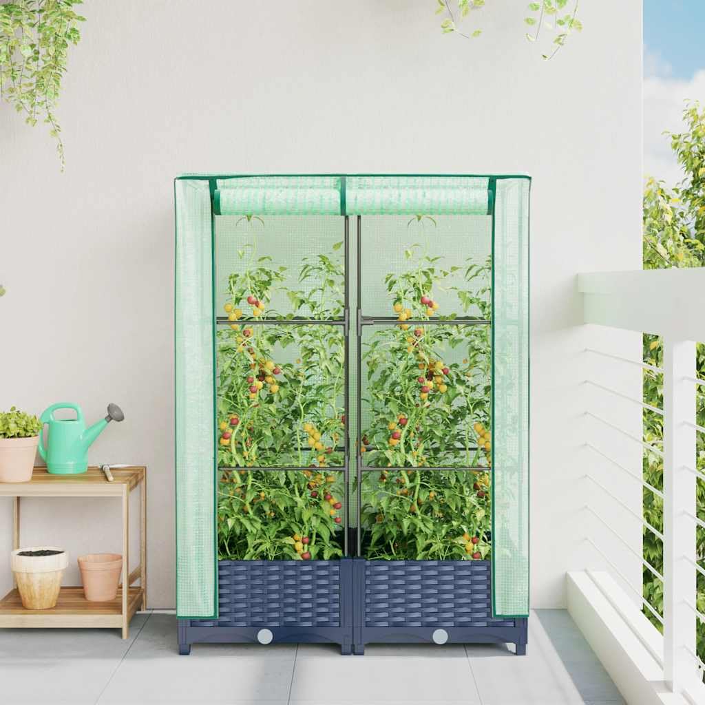 Aiuola Rialzata con Serra Effetto Rattan 80x40x123 cm | Fioriera da esterno in PP grigio per coltivare erbe aromatiche e fiori su balcone, terrazza o giardino.