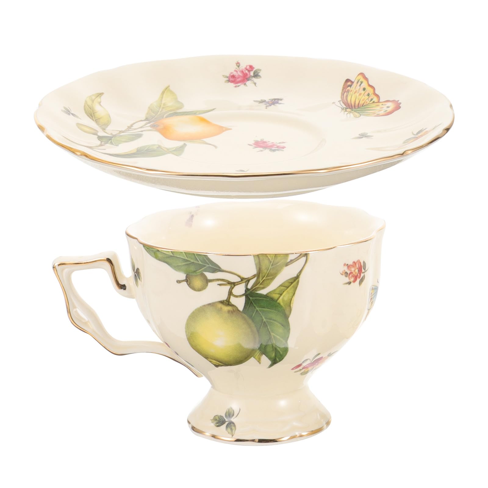 Ipetboom Set Tazze da Cappuccino in Ceramica con Piattini, Tazze D’acqua e Latte con Motivo Limoni e Farfalle, Design Vintage per Tè e Caffè in Casa, Resistente con Ampia Apertura