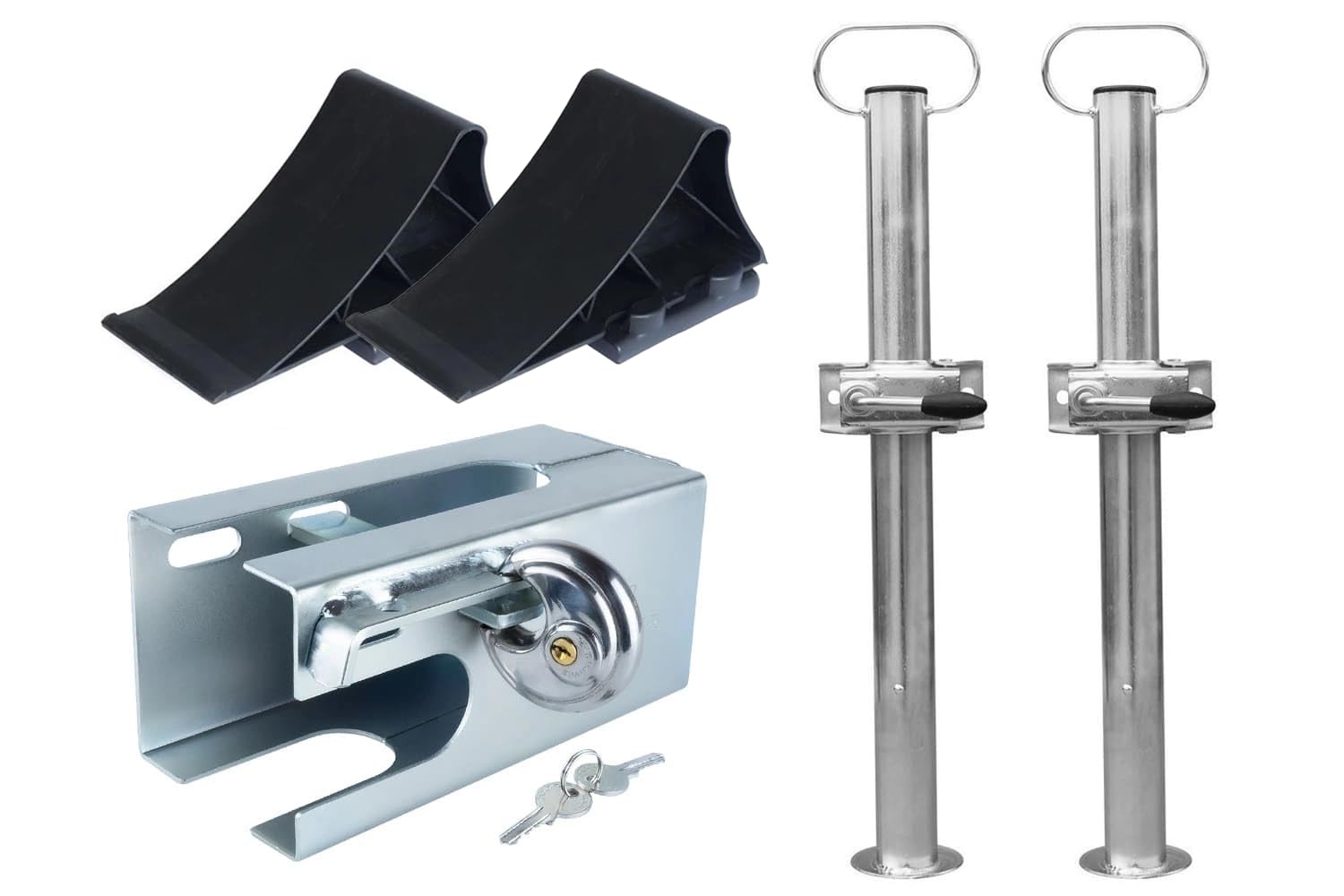 UNITRAILER PKW Anhänger Zubehör Set 3-teilig mit 60 cm Stützfüßen, 48 mm Klemmschellen, 100 mm Unterlegkeilen und Trailer Pro-Box II Diebstahlsicherung für sicheres Parken