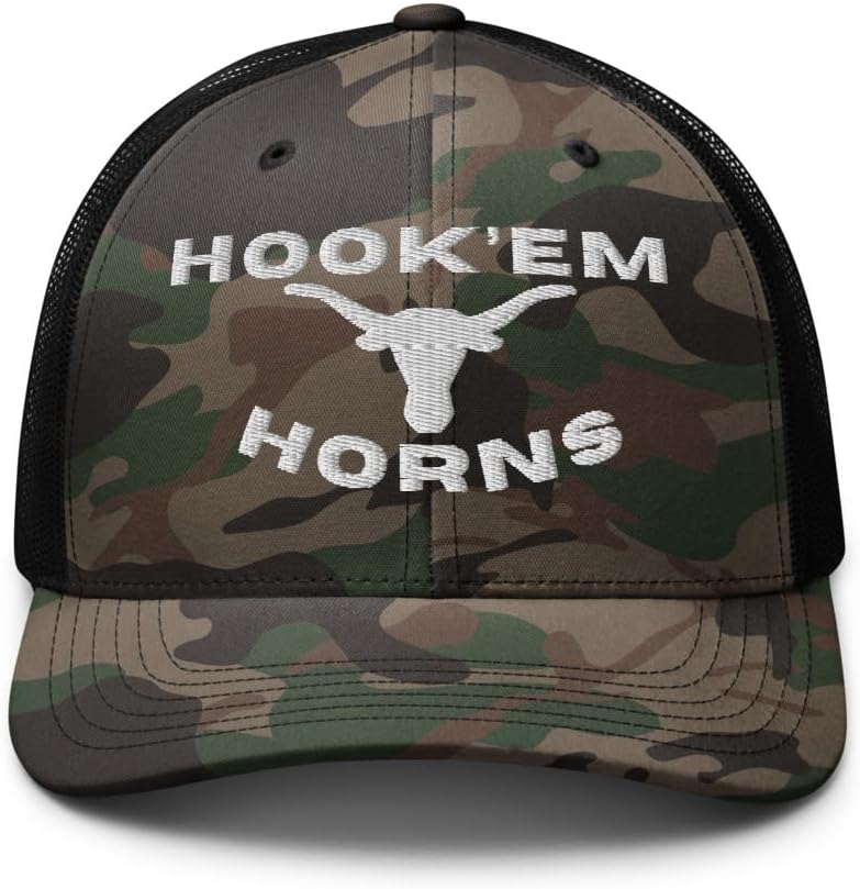 Camo Hook'Em Horns Embroidered Curved Bill Camouflage Trucker Hat Low Crown Adjustable Texas Bull Head Longhorn Cap
