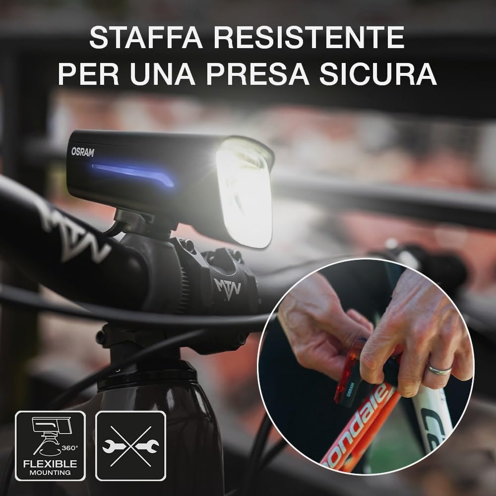 OSRAM LEDsBIKE RACE 100 SET,set di luci ricaricabili per bicicletta, set di luci a LED anteriori e posteriori con luce del freno, molteplici modalità di illuminazione, tre livelli di luminosità,100lux