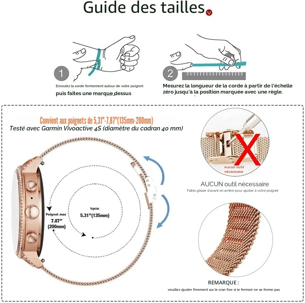 Aliwisdom bracelet de Montre 18mm pour Montre connectée, Smartwatch universelle Métal Acier Maille Bracelets de rechange de à libération Rapide pour Homme Femme (Or Rose, 18mm)