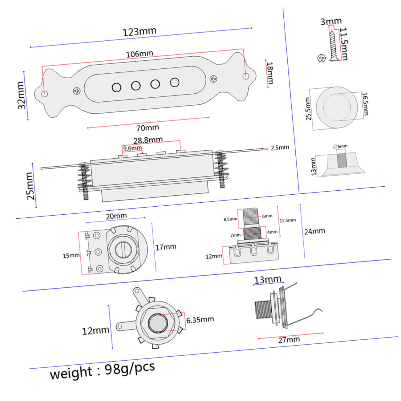 BESTonZON 3 Pz pickup per chitarra Pickup chitarra corde Pickup chitarra leggero e resistente pickup humbucker pickup a quattro corde nella buca scatola pickup alla buca in metallo