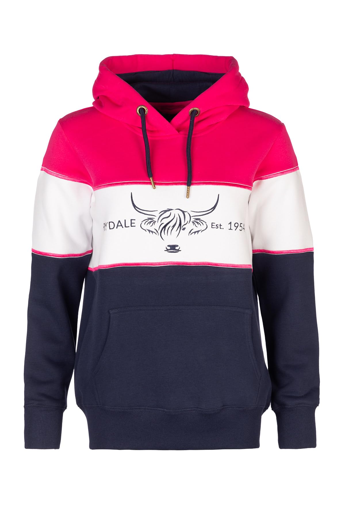 Rydale Ladies Overhead Country Hoody Highland Cow Embroidery Women's Jumper (UK, Numeric, 12, Regular, Regular, Cow Navy/White/Bonbon)