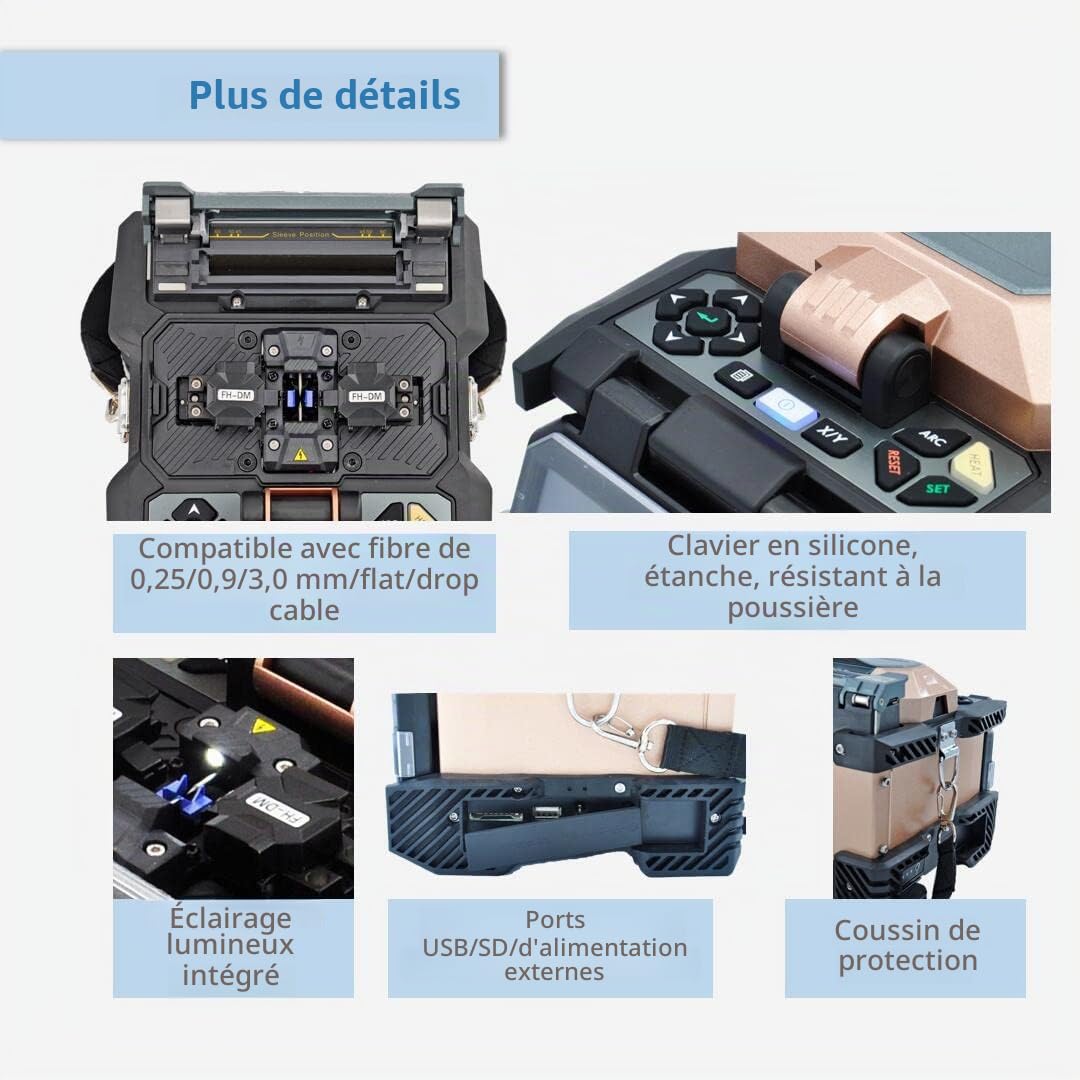 Soudeuse Fibre Optique Fusion Splicer, Kit d'Épissage par Fusion de Fibre avec Écran Tactile de 4,3 Pouces, Épissage 7s et Chauffage 18s pour FTTH (6481B)