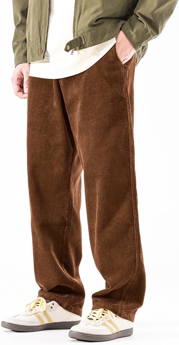 PLEPAN Mens Corduroy Pants Baggy Wide Leg Casual Elastic Waist Drawstring Loose Fit Sweatpants