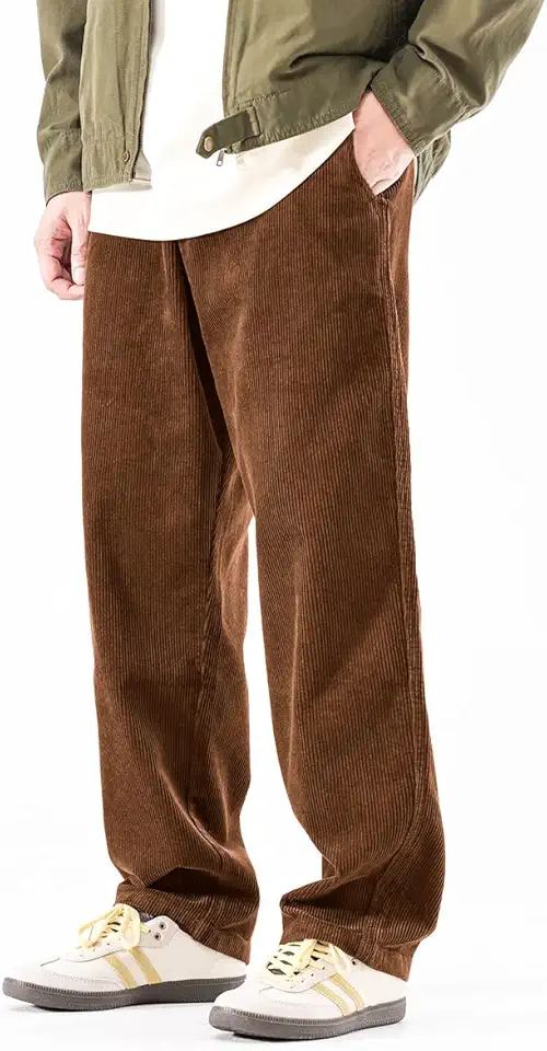PLEPAN Mens Corduroy Pants Baggy Wide Leg Casual Elastic Waist Drawstring Loose Fit Sweatpants