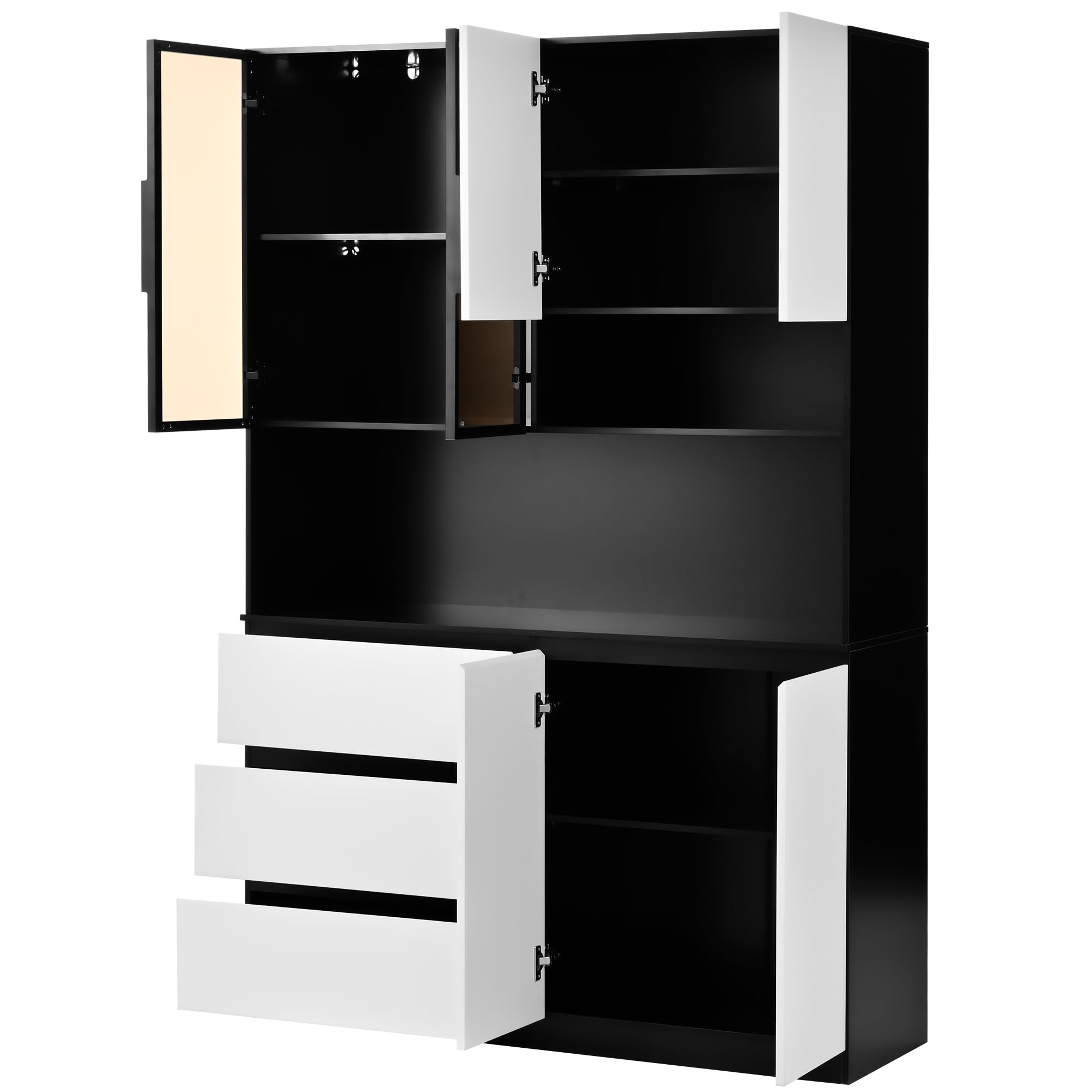 REXO Vetrina da cucina multifunzionale, con illuminazione a LED, 6 ante, 3 cassetti, ripiani, per riporre stoviglie, microonde, L 120,5 x P 40 x H 180 cm, bianco + nero