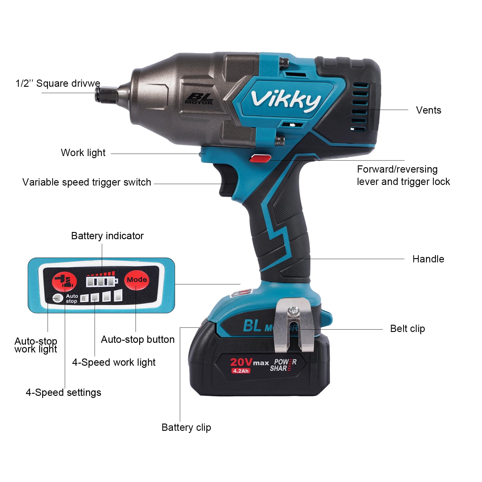 Vikky Llave de impacto de 20 V, 4,2 Ah, 1/2 pulgadas, 1500 Nm (par máximo de liberación de 1800 Nm), llave de impacto sin escobillas con 4 niveles de velocidad y función de parada automática durante